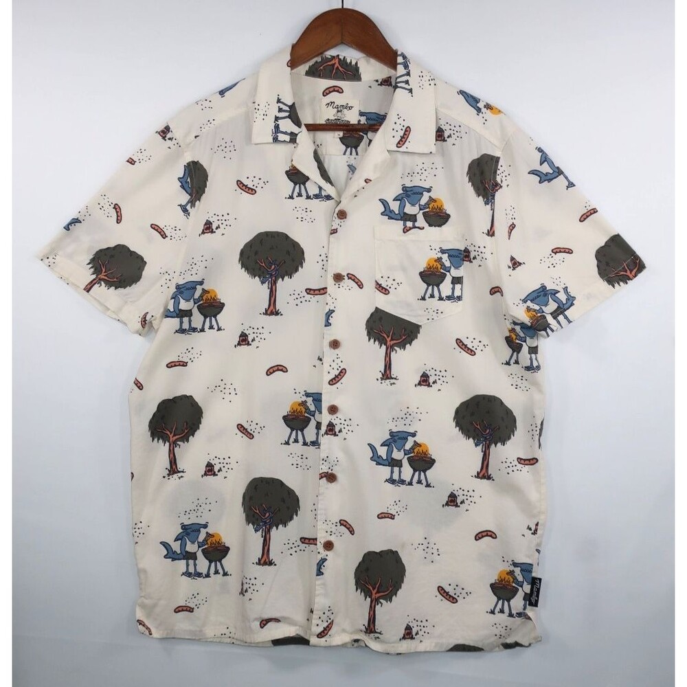 Mambo Smart Arts BBQ Grilling Camping Sharks Men's Casual Button Down Shirt M